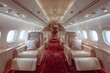 © Denis - First class cabin of Airbus , airplane interior view, seats with leather and wood details, white walls, red carpet floor, glass windows on the side wall