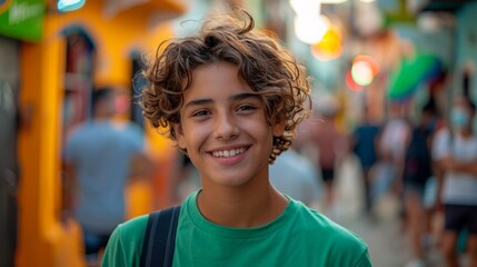 Canvas Print - a young Brazilian holding up a vibrant green screen towards the camera. 