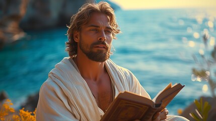 Poster -  Modern man with bible in hand, in a bright landscape with sea in the background and light white clothing 