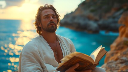 Wall Mural - Modern man with bible in hand, in a bright landscape with sea in the background and light white clothing 