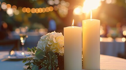 Wall Mural - candles and flowers decorate the welcome table at an outdoor wedding against a blurred background of dining tables and guests on a bright and sunny day.