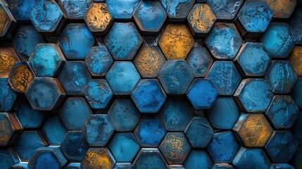 Poster - tiles arranged to form wall blue patina hexagonal blocks textured background.stock photo