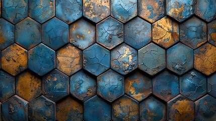 Poster - tiles arranged to form wall blue patina hexagonal blocks textured background.illustration