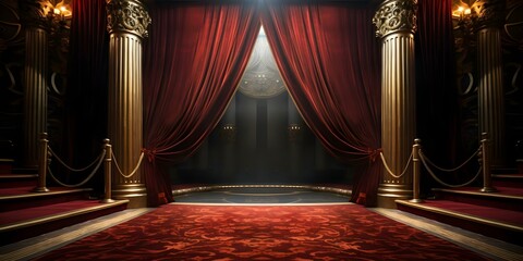 Elegant Red Carpet Stage with Gold Trophy and Maroon Curtains. Concept Red Carpet Events, Stage Design, Trophy Presentation, Elegant Decor, Curtain Backdrops