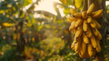 Wall Mural - A bunch of bananas hanging from a tree in an orchard, with sunlight shining through the leaves on them. yellow bananas ready for harvest.