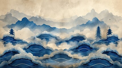 Poster - modern japanese pattern with blue geometric background line texture in traditional japanese style wave elements in hexagonal format.illustration