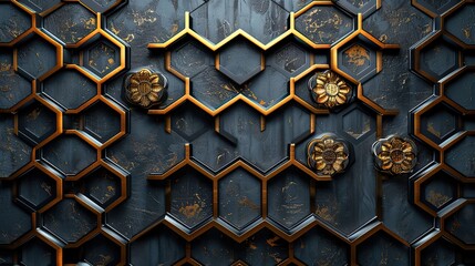 Poster - a modern illustration of a gold japanese pattern the background is hexagonal geometric shapes.stock image