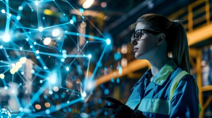 Aufkleber - industry and Internet of Things concept. modern factory buildings. woman engineer. communication network. industry4.0