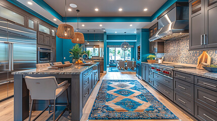 Wall Mural -  Modern kitchen with teal walls, dark wood cabinets, and a sleek stainless steel refrigerator