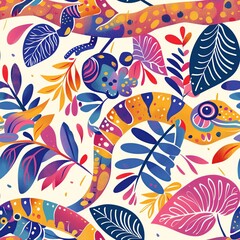 Wall Mural - A child drawing a vibrant, multicolored chameleon blending into its surroundings. Minimal pattern banner wallpaper, simple background, Seamless,