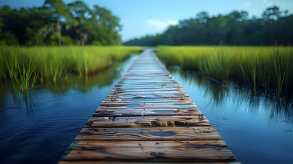Wall Mural - A vibrant nature freshwater marsh landscape with a wooden boardwalk extending over the water