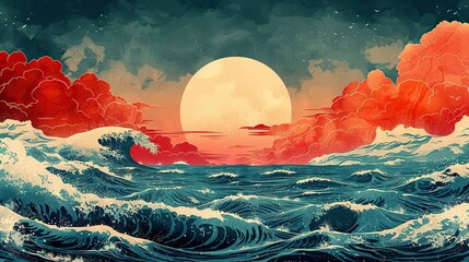 Poster - background with blue wave and sun icon in japanese pattern modern.image illustration