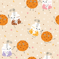 Wall Mural - Milk and cookies sweets seamless pattern with funny mascot characters. Kawaii cartoon hand drawn doodle in colorful palette. Ideal for baby design, prints, packaging, textiles. Creative background