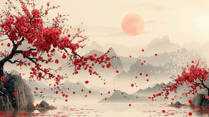 Poster - modern cherry blossom with japanese pattern seamless gold geometric background.illustration