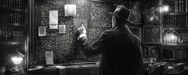 A detective unraveling a series of coded messages on a chalkboard, dimly lit room, noir style, digital painting