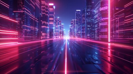 Fototapete - Light Trial effect way with dark neon building technology background. Cyberpunk concept. 3D Illustration rendering.
