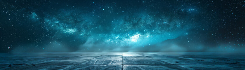 Wall Mural - Stunning view of a starry night sky with a galaxy backdrop, over an empty, glossy surface, evoking a sense of mystery and wonder.