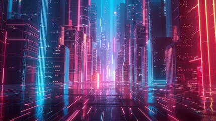 Fototapete - Light Trial effect way with dark neon building technology background. Cyberpunk concept. 3D Illustration rendering.