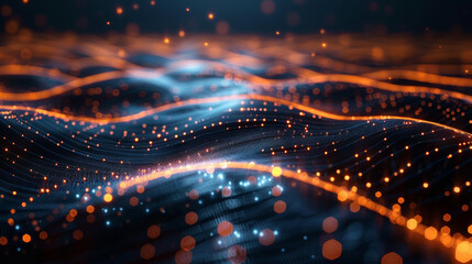 Poster - abstract futuristic landscape with glowing points and undulating lines, representing data and techno
