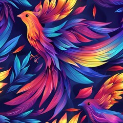 Wall Mural - A girl drawing a vibrant, rainbow-colored bird with detailed feathers and a long tail. Minimal pattern banner wallpaper, simple background, Seamless,