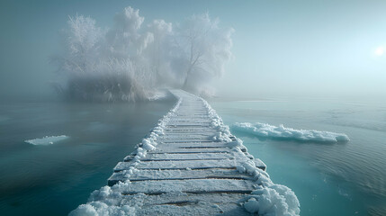 Wall Mural - A vibrant nature iceberg landscape with a wooden bridge extending over the ice