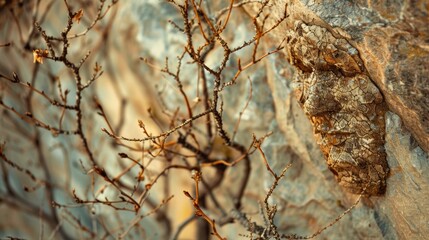 Sticker - A stone face carved into a rock with bare branches, AI