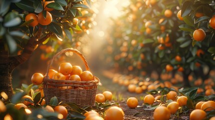 Wall Mural - stunning orchard with rows of trees, an abundance of ripe oranges on branches with green leaves, a basket with large ripe oranges stands in the foreground, sunlight passes through the leaves,