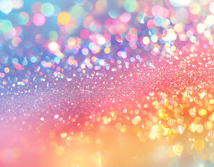 Wall Mural - Abstract glitter background with rainbow bokeh. Pastel pink, blue and yellow blurred backdrop.
