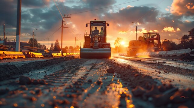 photorealism of Engineers and worker are working on road construction. engineer holding radio communication at road construction site with roller compactor working dust road on during sunset