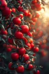 Wall Mural - A landscape with a stunningly beautiful orchard with an abundance of red apples on the branches in the golden hour, fruit picking. apple saved.
