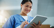 © peopleimages.com - Healthcare, female nurse and tablet for research, medical info or diagnosis results with smile. Hospital, pediatric or digital for report analysis, online consultation or telehealth with wellness app