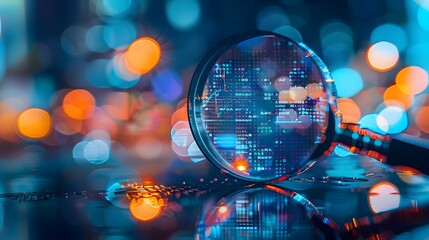 A magnifying glass over an abstract digital stock market graph, with bokeh lights in the background. financial technology innovation and connecting global knowledge to place.