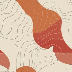 Wall Mural - An abstract line drawing of a cat lounging, with the animal's form outlined in a continuous, flowing line that conveys a sense of relaxation and ease. Minimal pattern banner wallpaper, simple