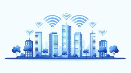 Poster - Modern buildings in blue tone with wifi icons connection, network communication in smart city