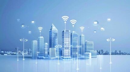Poster - Modern buildings in blue tone with wifi icons connection, network communication in smart city