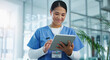 © peopleimages.com - Healthcare, woman or nurse with tablet for research, medical info or diagnosis results with smile. Hospital, female physician and digital for report, online consultation and good news with telehealth