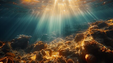 Wall Mural - Sunbeams Illuminating Underwater Coral Reef in the Ocean. Generative AI