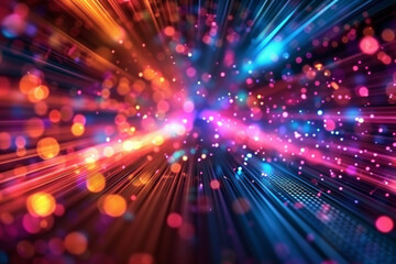Poster - Vivid abstract background with dynamic lights and vibrant colors, creating a sense of motion and energy through blurred lines and bright bokeh effects.