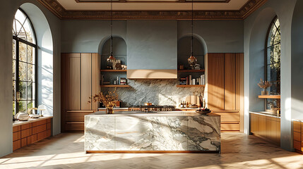 Wall Mural -  Spacious kitchen featuring sky blue walls, light wood cabinets, and a large marble island