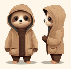 Adorable cartoon sloth in a stylish coat, portraying a cute jungle animal character with a beautiful face.