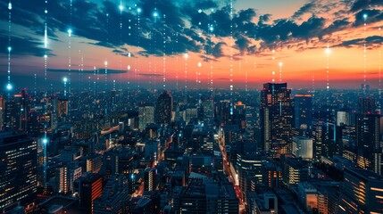 Poster - Modern cityscape and communication network concept. Telecommunication. IoT (Internet of Things). ICT