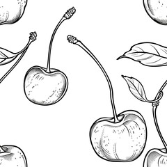 Wall Mural - A charming line drawing of a pair of cherries connected by their stems, showcasing their round, plump shapes and the subtle indentations on their surfaces. Minimal pattern banner wallpaper, simple