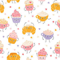 Wall Mural - Breakfast sweets and coffee seamless pattern with funny mascot characters. Kawaii cartoon hand drawn doodle in colorful palette. Ideal for baby design, prints, packaging, textiles