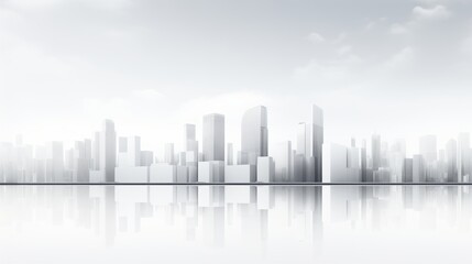 A digital illustration of a city skyline, depicted in a minimalist style with muted grays and a hazy white background. The buildings reflect on a calm water surface