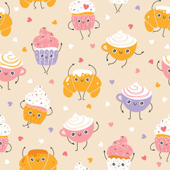 Wall Mural - Breakfast sweets and coffee seamless pattern with funny mascot characters. Kawaii cartoon hand drawn doodle in colorful palette. Ideal for baby design, prints, packaging, textiles