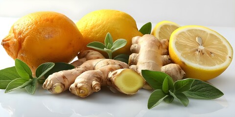 Wall Mural - Natural Cold Remedy Ginger Root, Lemon, and Green Leaves Isolated on White Background. Concept Herbal Medicine, Natural Remedies, Aromatic Ingredients, White Background, Health Remedies