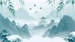 © jinzhen - Blue and green distant mountain pavilions illustration poster background
