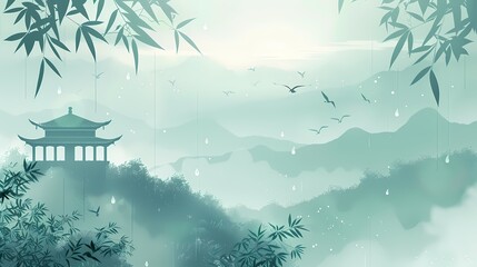 Blue and green distant mountain pavilions illustration poster background