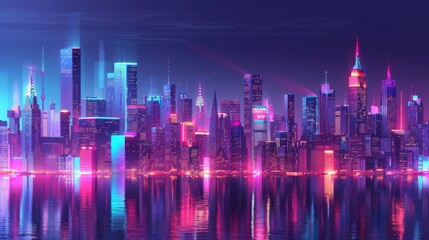 Aufkleber - Night city skyline with neon glow. Illustration with architecture, skyscrapers, megapolis, buildings, downtown