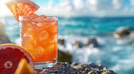 Wall Mural - Close-up of a cocktail at Sea Breeze beach. Red grapefruit cocktail on the ocean